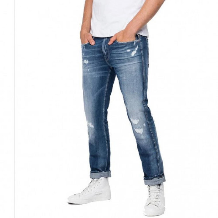 Męskie wąskie jeansy w paski z efektem wypranym Replay