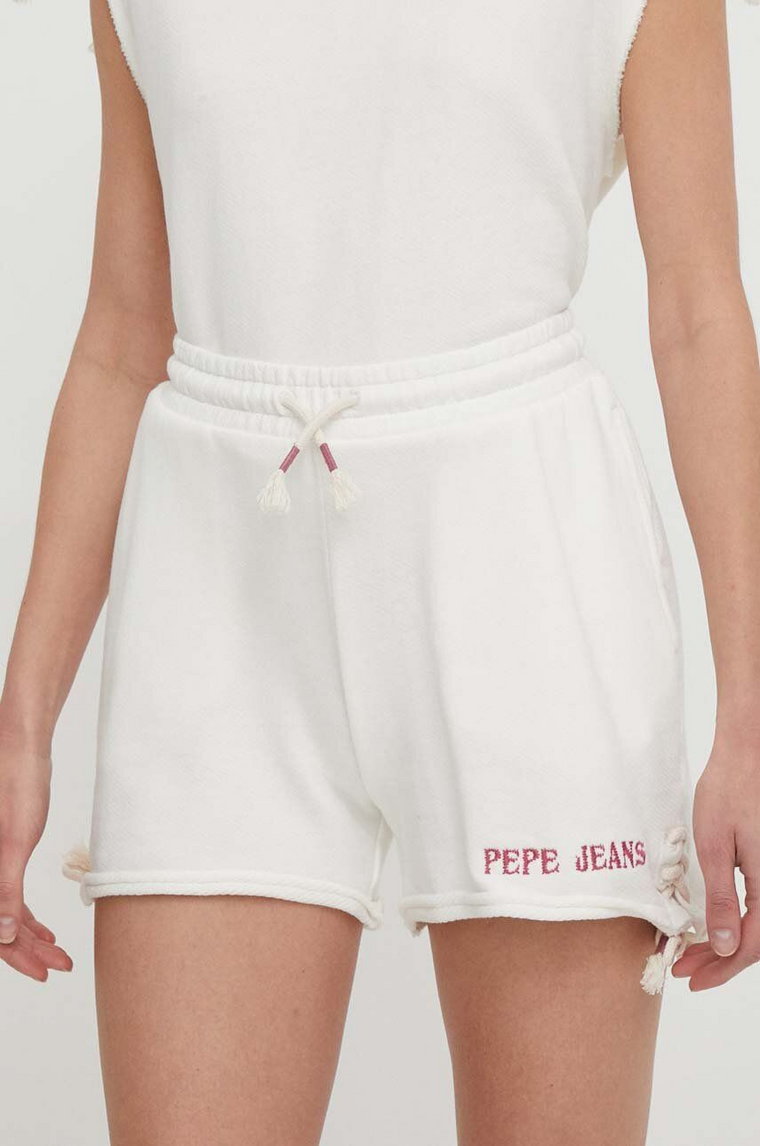 Pepe Jeans szorty bawełniane Kendall kolor beżowy z aplikacją high waist