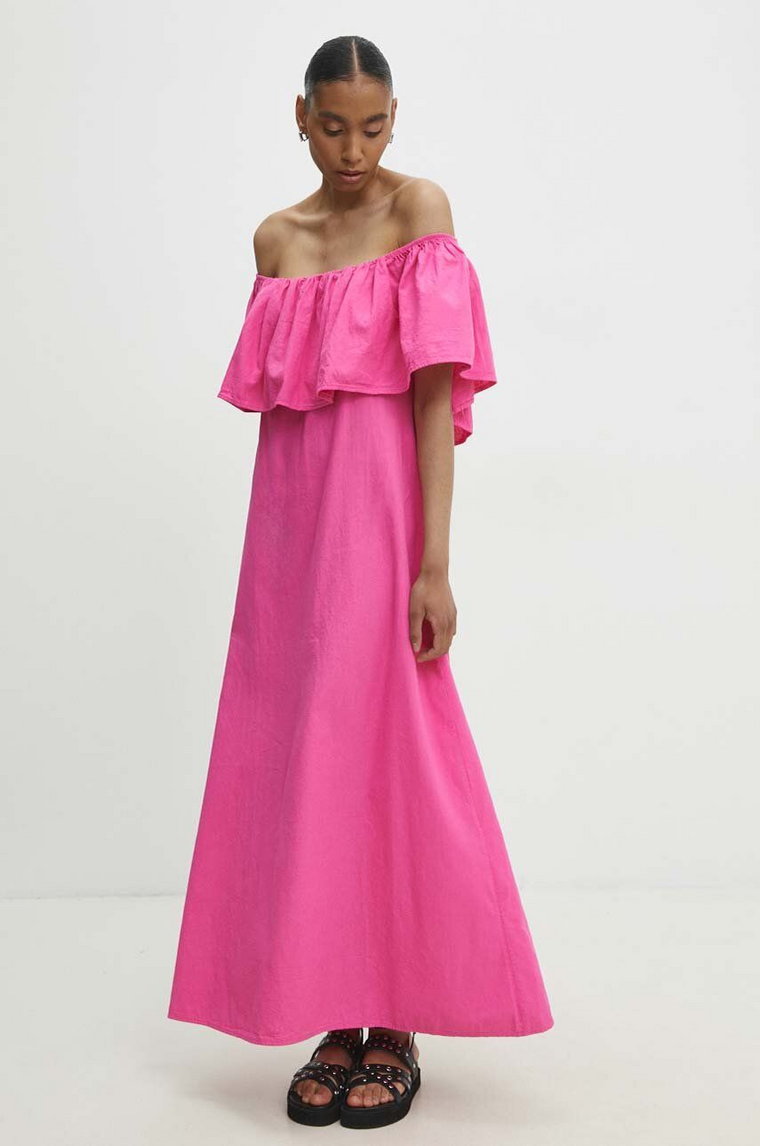 Answear Lab sukienka bawełniana kolor różowy maxi rozkloszowana