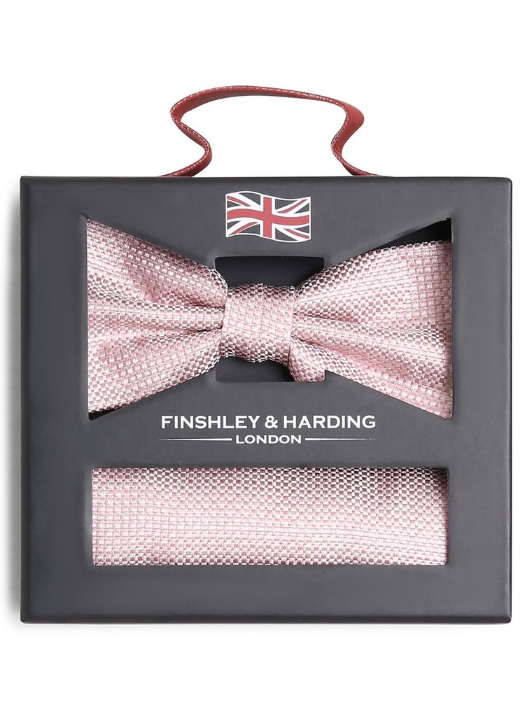 Finshley & Harding London Męska jedwabna muszka i poszetka Mężczyźni Jedwab różowy wypukły wzór tkaniny, ONE SIZE