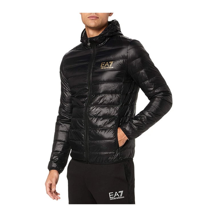 Lekkie czarne płaszcze z logo Emporio Armani EA7