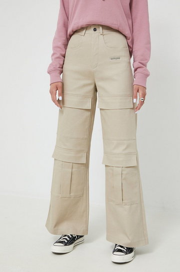Sixth June spodnie damskie kolor beżowy szerokie high waist