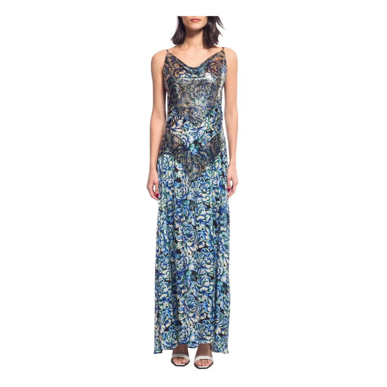 Niebieska Długa Sukienka z Kwiatowym Wzorem i Metalicznym Panelem Paco Rabanne