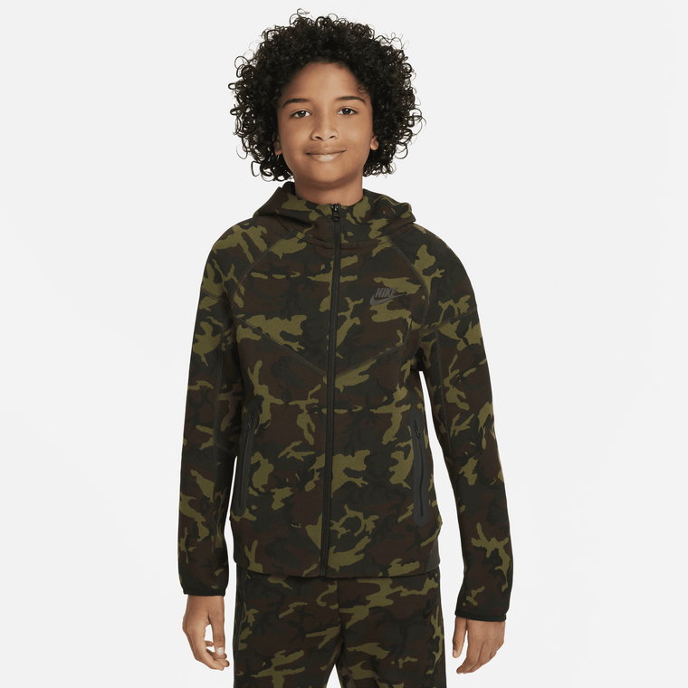 Bluza z kapturem i zamkiem na całej długości ze wzorem moro dla dużych dzieci (chłopców) Nike Tech Fleece - Niebieski