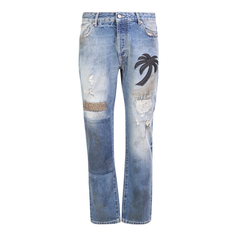 Autentyczne Niebieskie Jeansy z Wysokim Stanem i Prostą Nogawką Palm Angels