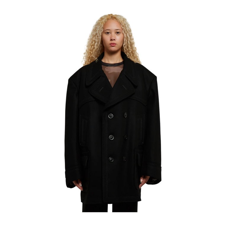 Czarny dwurzędowy wełniany płaszcz dla mężczyzn,Czarny Oversize Podwójnorzędowy Płaszcz z Wełny Maison Margiela