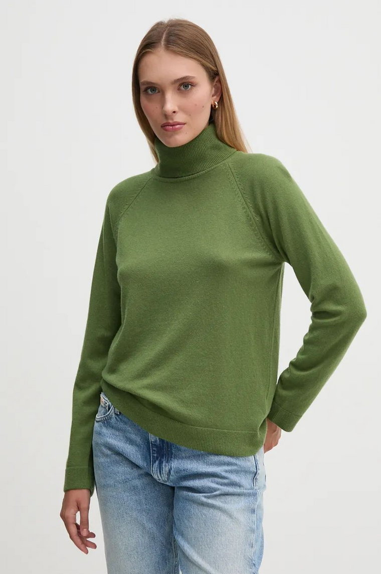 United Colors of Benetton sweter z domieszką wełny damski kolor zielony lekki z golfem 1035D2551