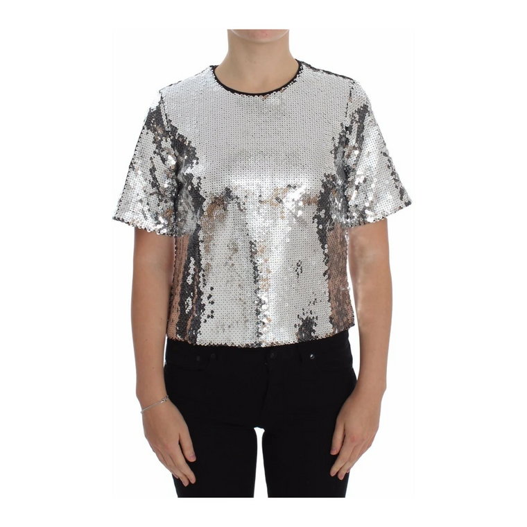 Srebrna Bluzka T-shirt z cekinami i dekoltem Dolce & Gabbana