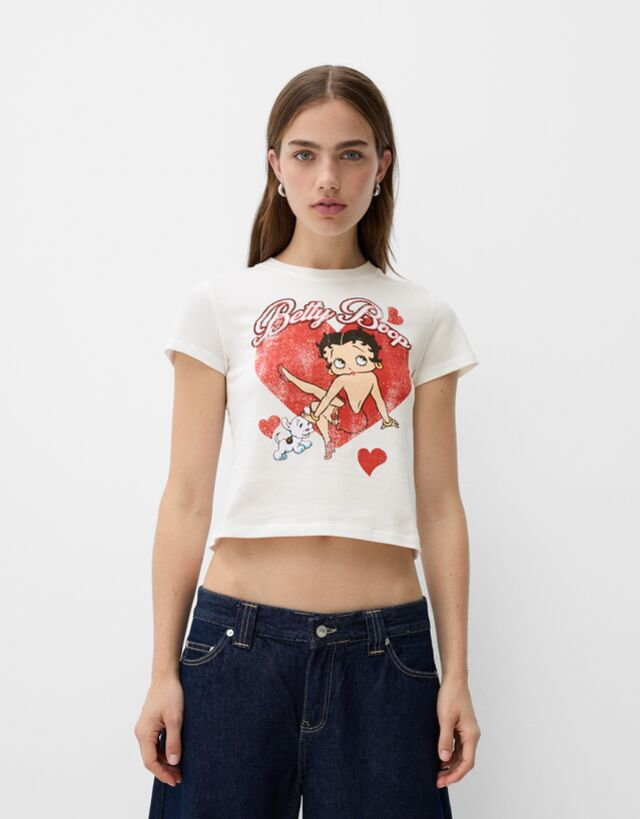 Bershka Koszulka Z Betty Boop I Krótkim Rękawem Kobieta Xs Biały Złamany