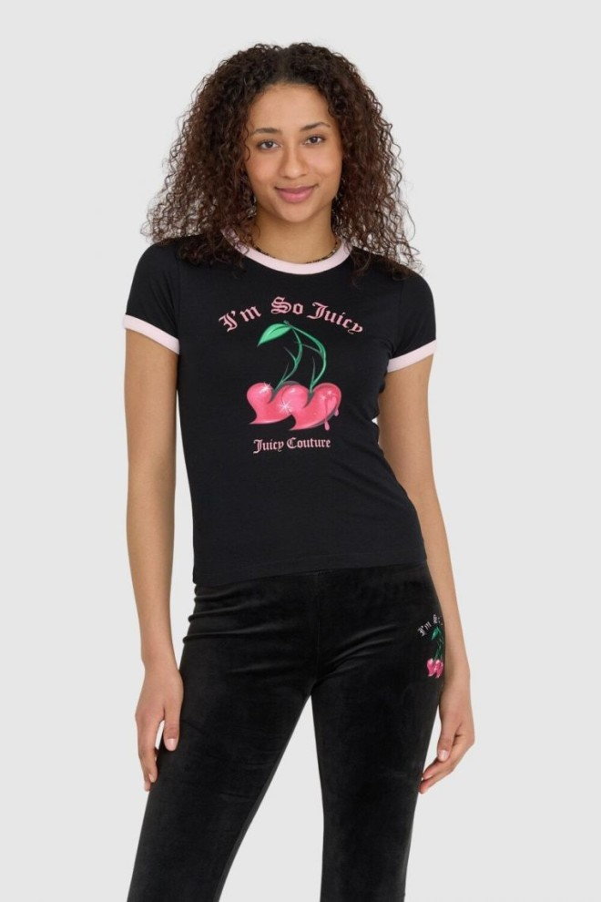 JUICY COUTURE Czarny t-shirt damski z wisienkami