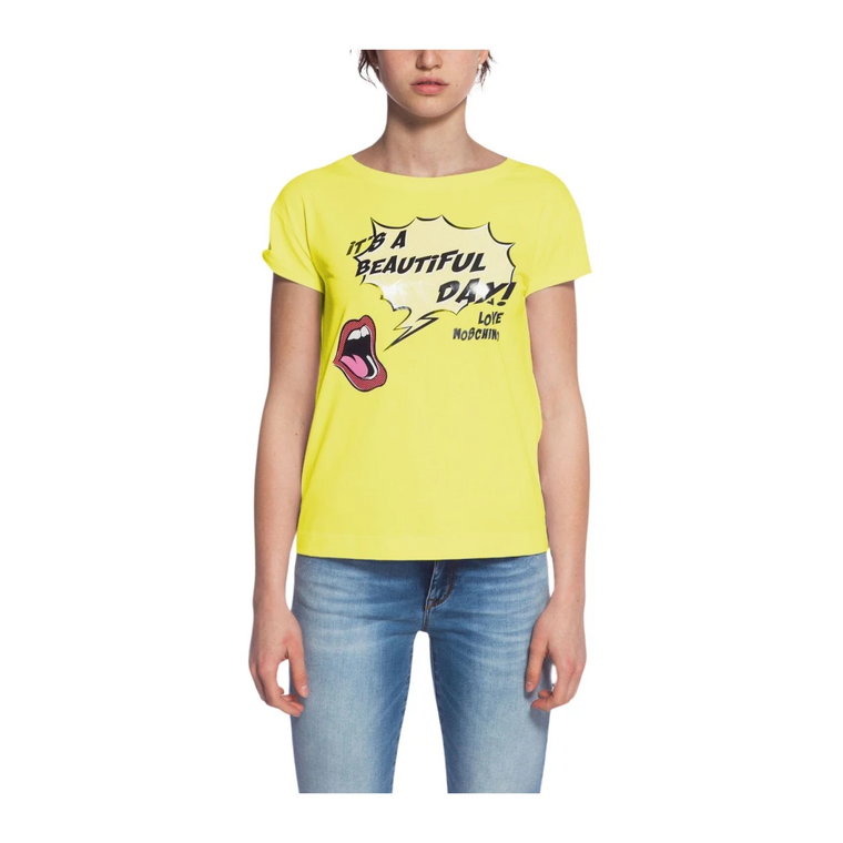 Żółta Bawełniana Koszulka z Wzorem Tematycznym Love Moschino