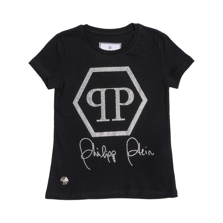 Czarna koszulka z kryształowym nadrukiem dla dziewcząt Philipp Plein