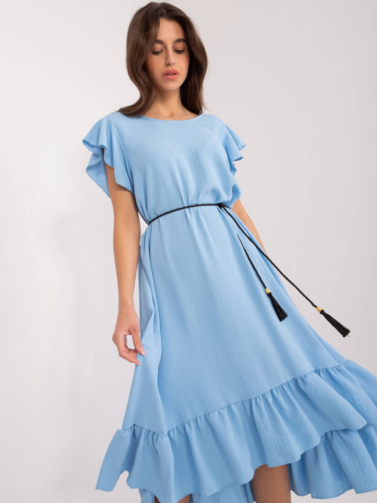 Sukienka z falbaną jasny niebieski codzienna letnia dekolt okrągły rękaw krótki długość midi pasek falbana frędzle
