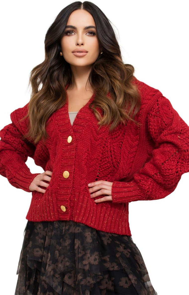 Krótki zapinany czerwony sweter damski Karmen, Kolor czerwony, Rozmiar Oversize, KAMEA