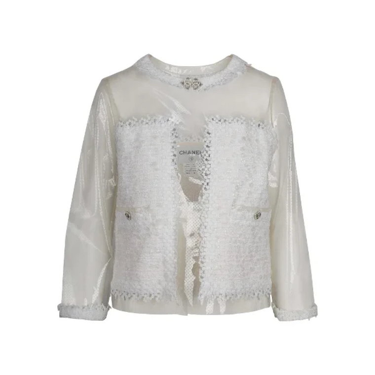 Używana Koszula i Bluzka, Przezroczysta Kurtka Chanel z Białą Koronkową Haftką Chanel Vintage