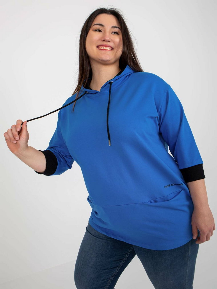 Tunika plus size ciemny niebieski sportowy casual kaptur rękaw 3/4 troczki kieszenie print (nadruk)