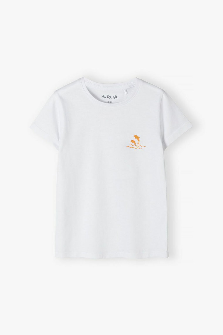 Biały t-shirt dla dziewczynki z małym nadrukiem - delfinki