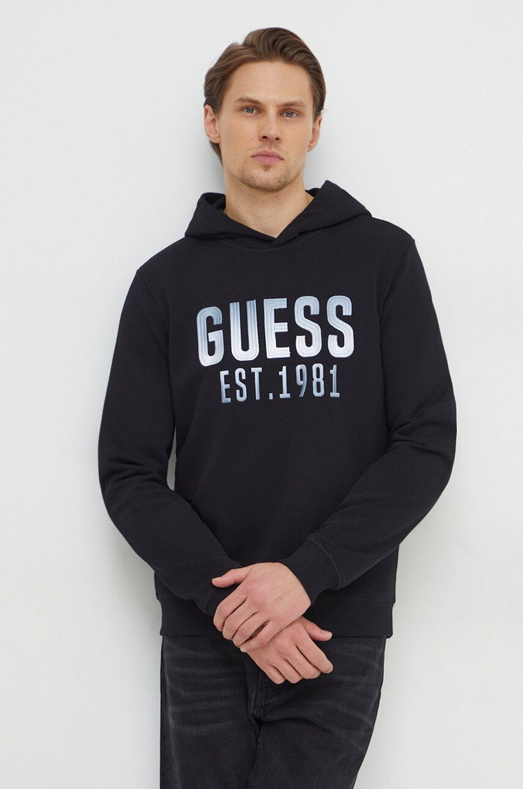 Guess bluza BEAU męska kolor czarny z kapturem z aplikacją M4RQ36 KBK32