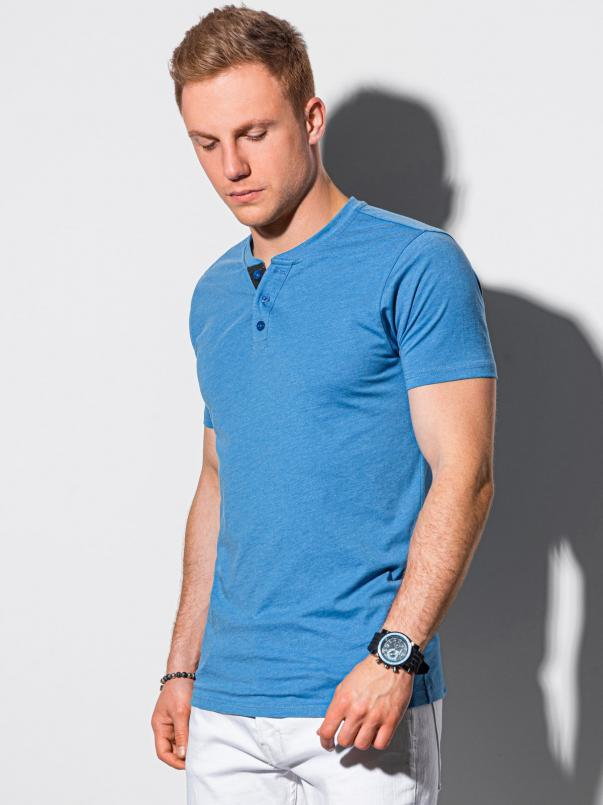 T-shirt męski bez nadruku z guzikami - niebieski melanż V2 S1390