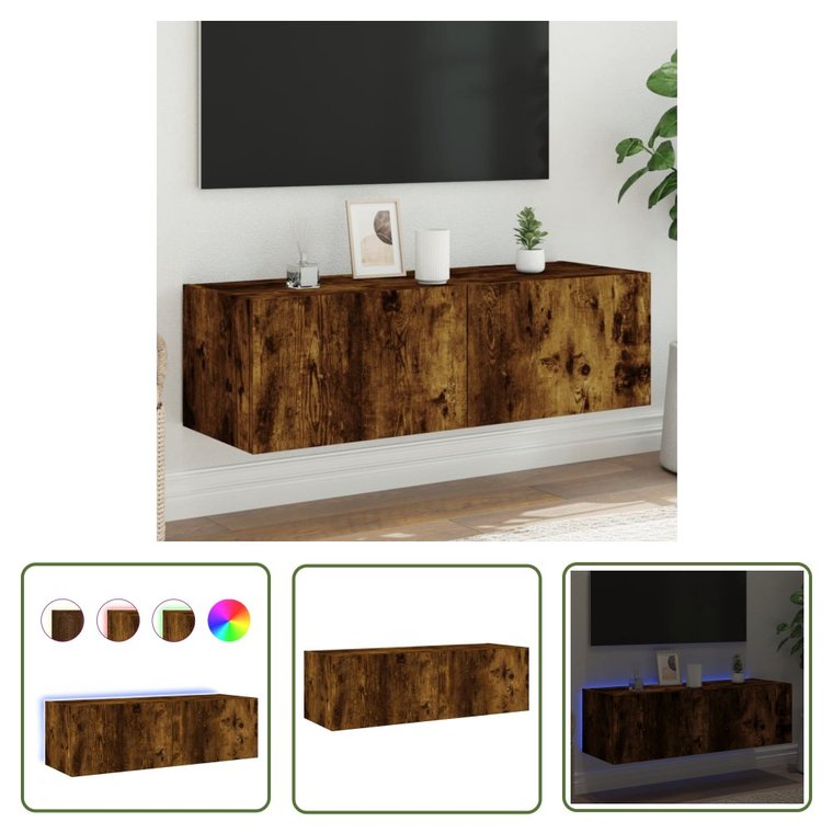 The Living Store Ścienna szafka TV z LED - przydymiony dąb - 100x35x31 cm - Szafka Rtv