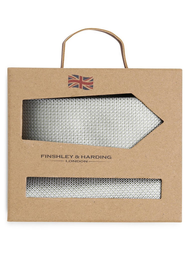 Finshley & Harding London - Krawat męski i poszetka z jedwabiu, zielony