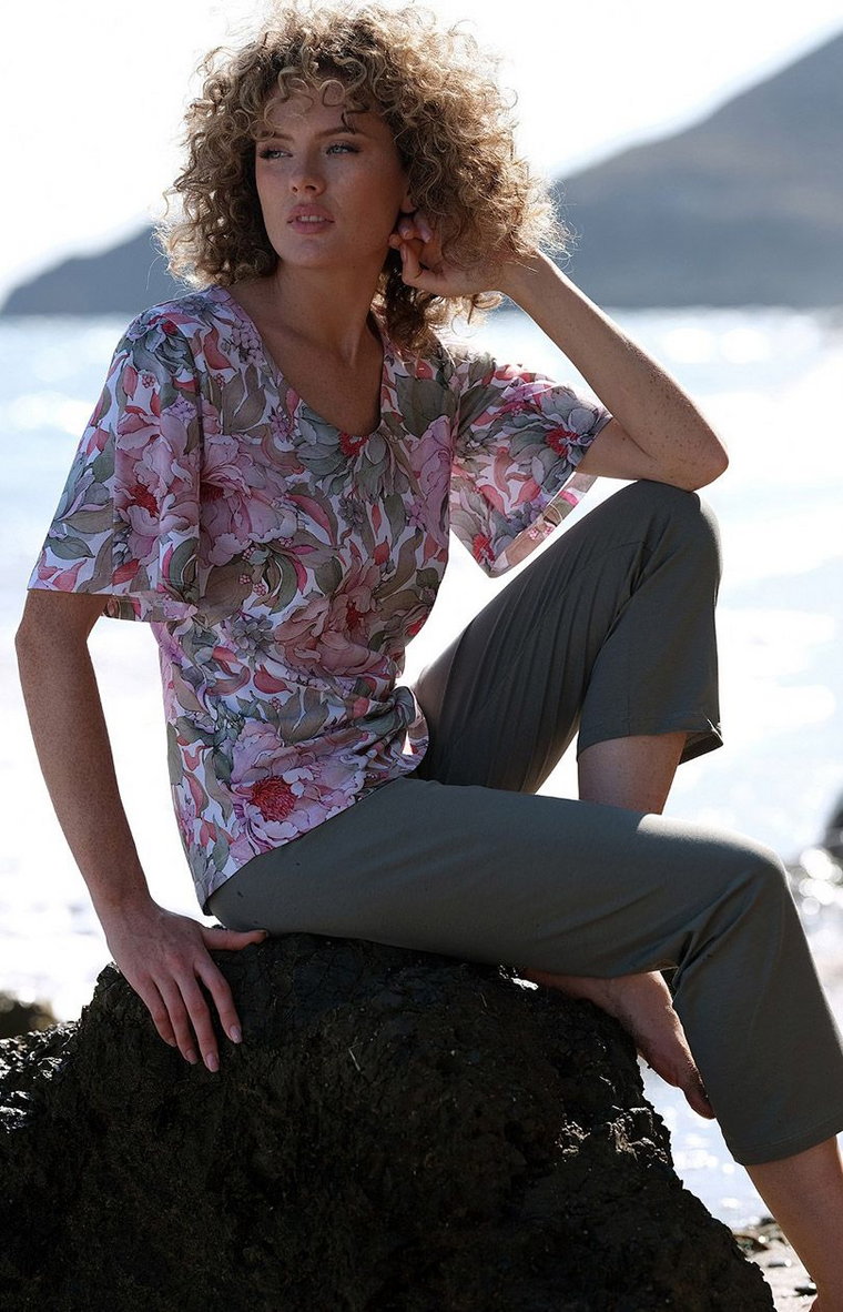 Bawełniana piżama damska 257, Kolor oliwkowy-wzór, Rozmiar S, Cana