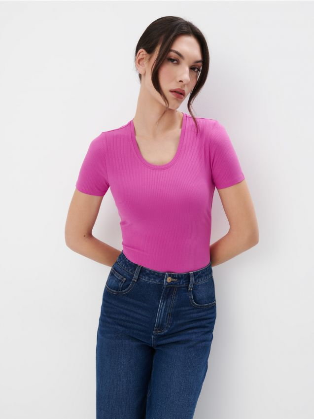 Mohito - Różowy t-shirt w prążki - fuksjowy