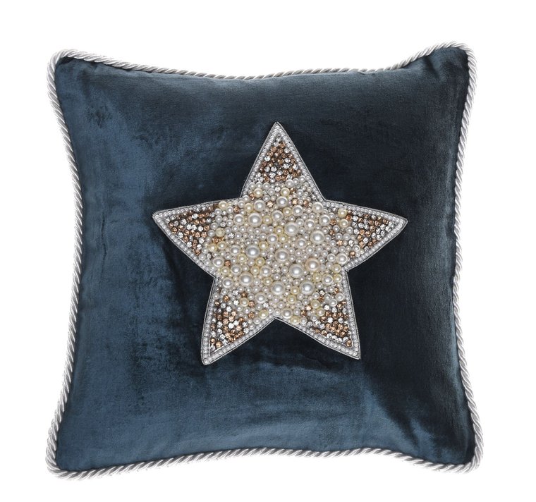 Poduszka Xmas pearl star 30x30cm velvet dark blue