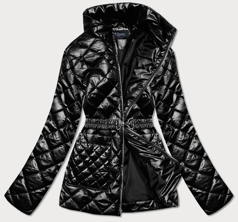 Pikowana kurtka damska z paskiem czarna (bh2208)