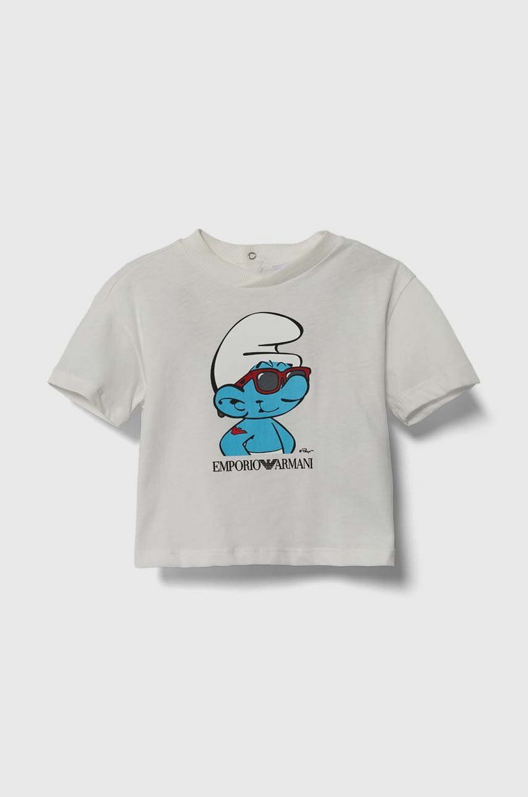 Emporio Armani t-shirt bawełniany niemowlęcy x The Smurfs kolor beżowy z nadrukiem
