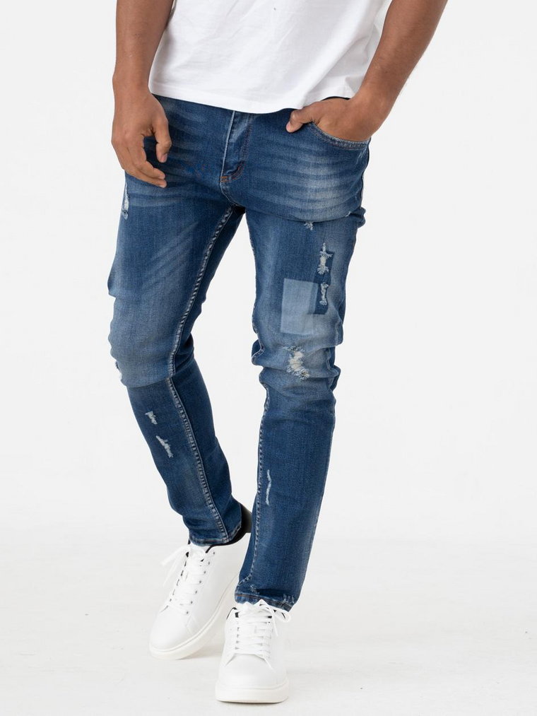 Spodnie Jeansowe Z Uszkodzeniami Skinny Fit Męskie Ciemne Niebieskie i8 Denim Sticker Shadow