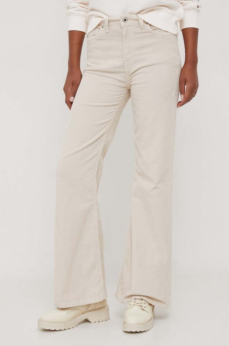 Pepe Jeans spodnie sztruksowe kolor beżowy dzwony high waist