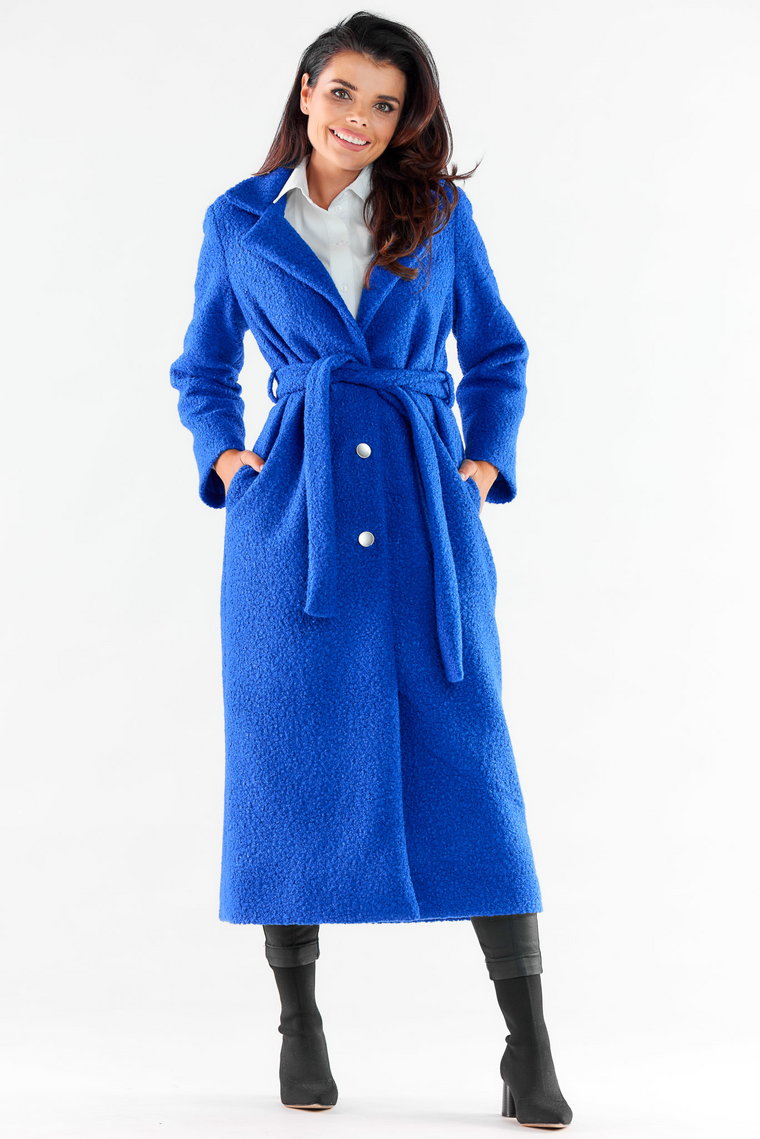 Długi Jednorzędowy Płaszcz z Paskiem - Niebieski