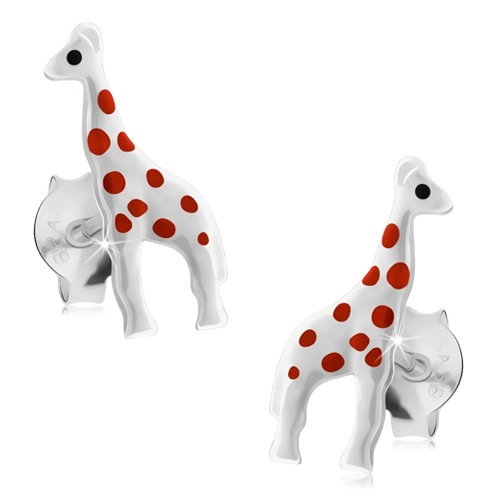 Srebrne kolczyki 925, lśniąca biała żyrafa z czerwonymi kropkami, sztyfty