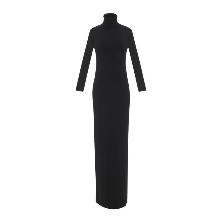 Czarna Sukienka z Włókna Wełnianego z Wysokim Kołnierzem Saint Laurent