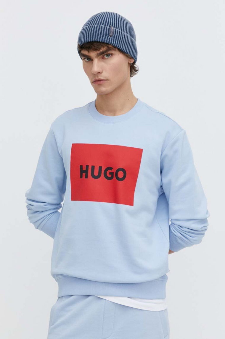 HUGO bluza bawełniana męska kolor niebieski z nadrukiem