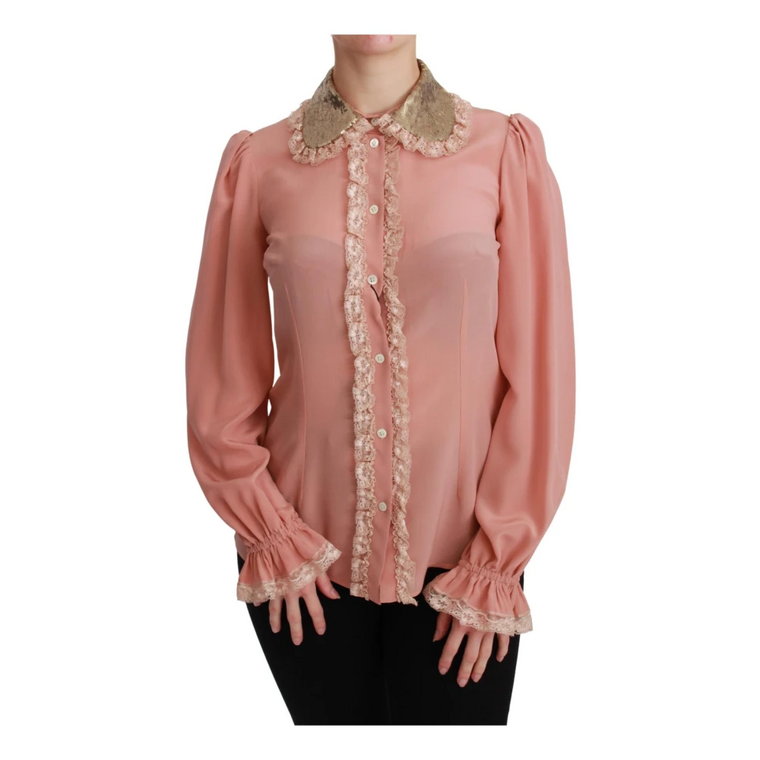 Pink Silk Gold Sequin Lace Blouse Shirt Dolce & Gabbana