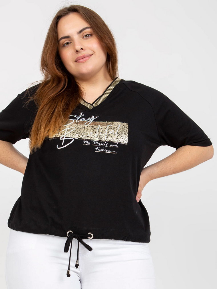 Bluzka plus size czarny casual codzienna dekolt w kształcie V rękaw krótki dżety troczki