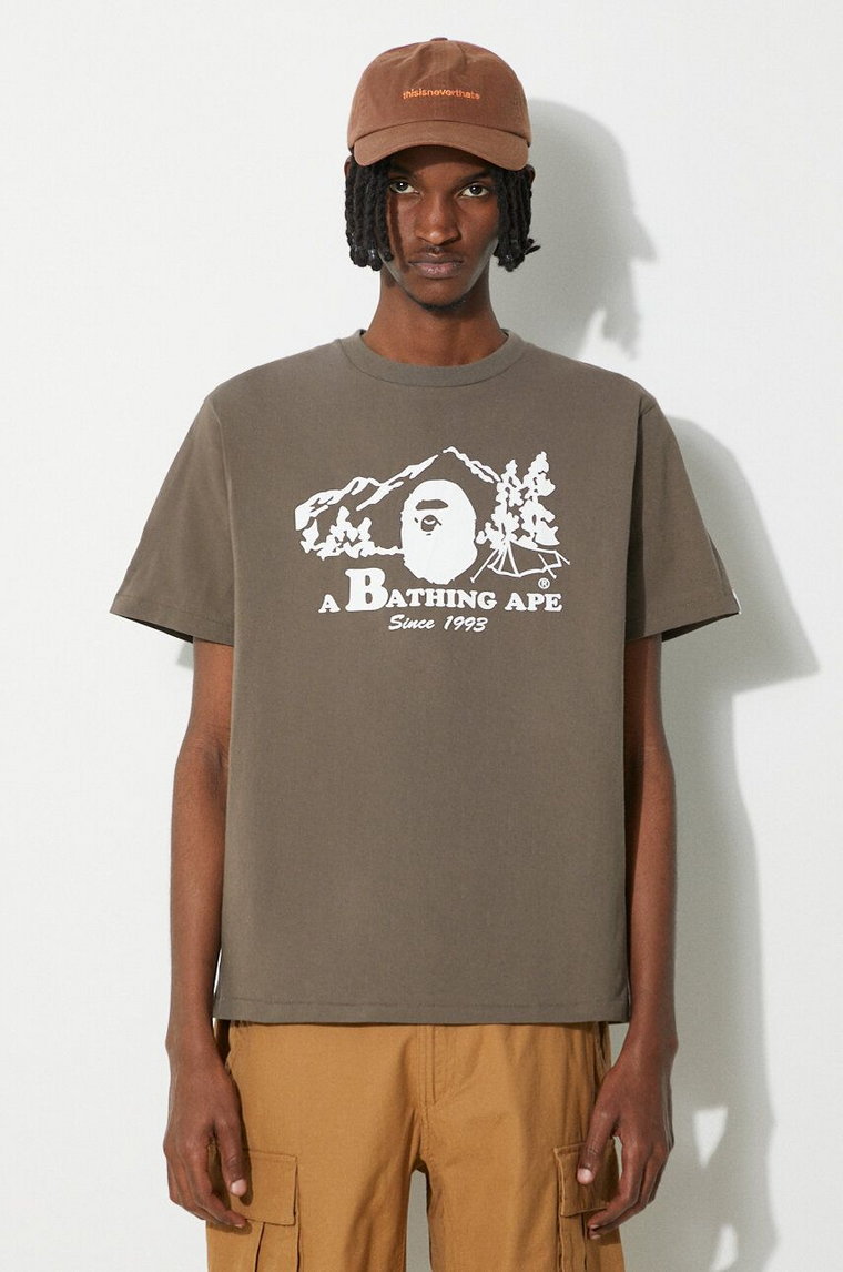 A Bathing Ape t-shirt bawełniany Bape Camp Tee męski kolor brązowy z nadrukiem 1J80110046