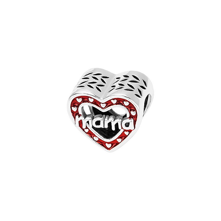 Beads srebrny pokryty czerwoną emalią - serce - Dots