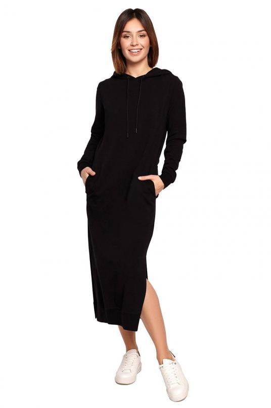 Długa sukienka jak bluza z kapturem i kieszeniami bawełniana czarna