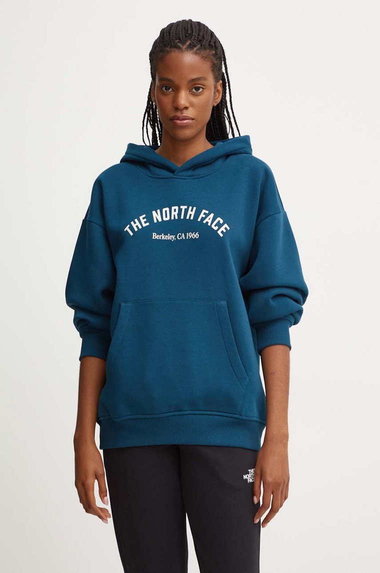 The North Face bluza Hoodie Varsity Graphic damska kolor turkusowy z kapturem z nadrukiem NF0A89CS1NO1