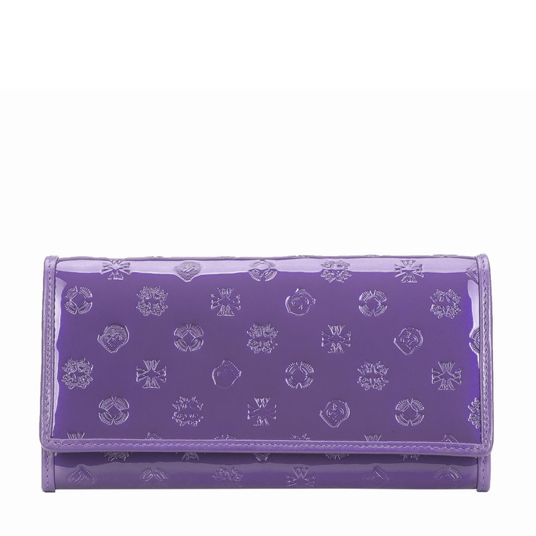 Damski portfel skórzany lakierowany z monogramem fioletowy