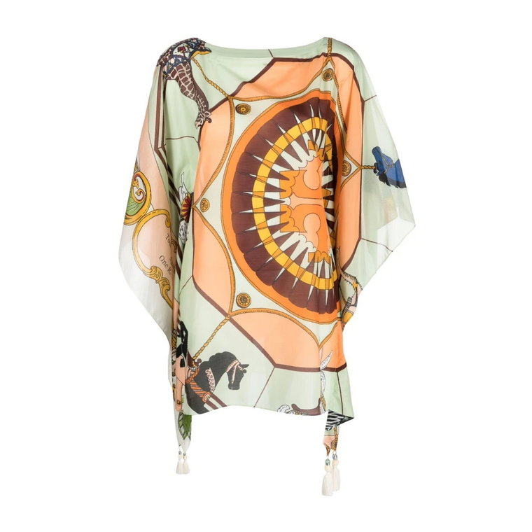 Sea Odzież Beżowa Tunika z Graficznym Wzorem i Rękawem Motylkowym Tory Burch