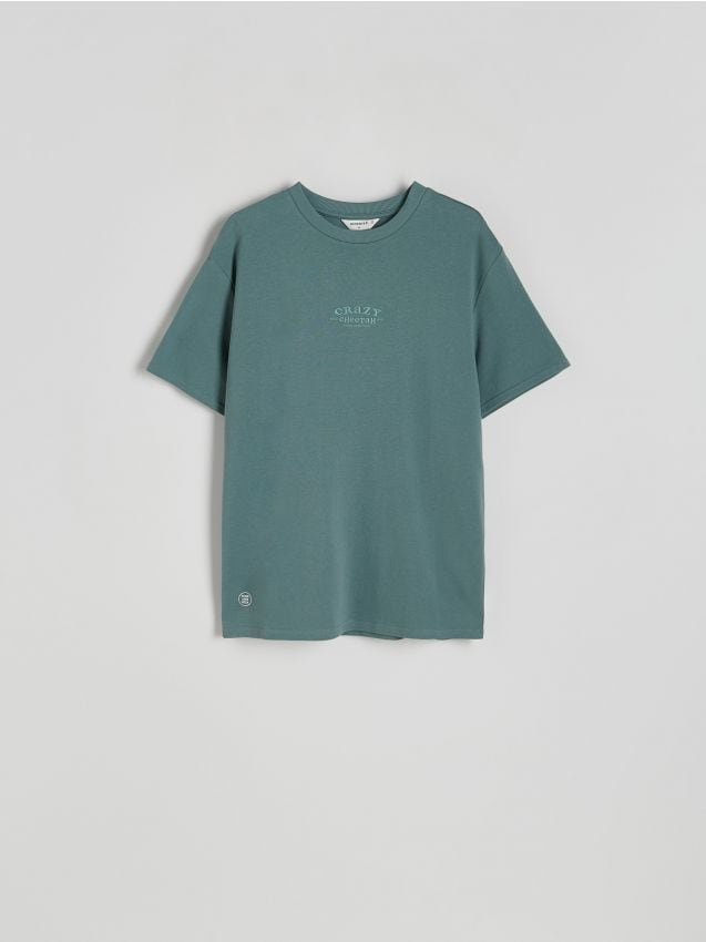 Reserved - T-shirt regular z haftem - morski