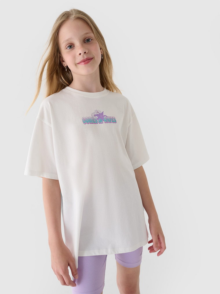 T-shirt oversize z nadrukiem dziewczęcy - złamana biel