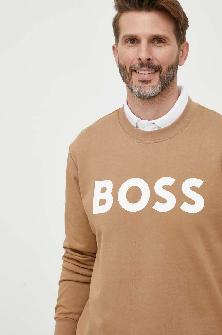 BOSS bluza bawełniana męska kolor beżowy z nadrukiem