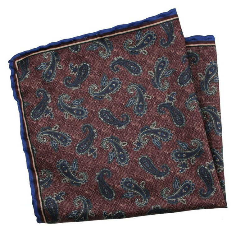 Bordowa Męska Poszetka -EM Men's Accessories- Paisley, Łezki, z Granatową Lamówką