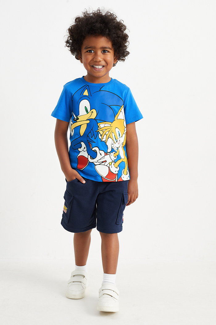 C&A Sonic-komplet-koszulka z krótkim rękawem i dresowe szorty bojówki-2 części, Niebieski, Rozmiar: 128