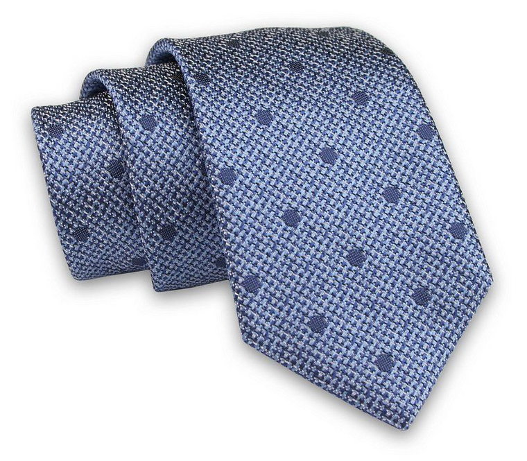 Niebieski Melanżowy Elegancki Męski Krawat -ALTIES- 7cm, Stylowy, Klasyczny, w Granatowe Kropki